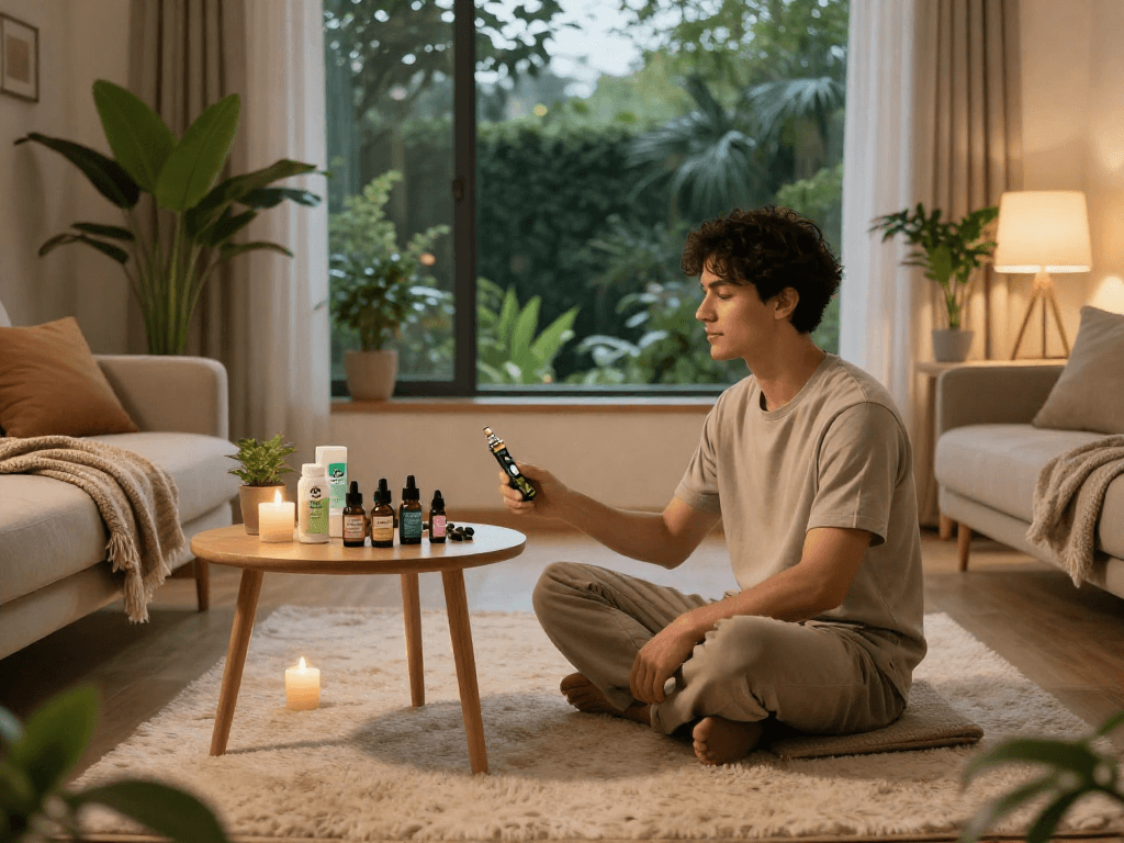 Experience cannabis delivery with premium CBD oil and wellness products in a serene home atmosphere.