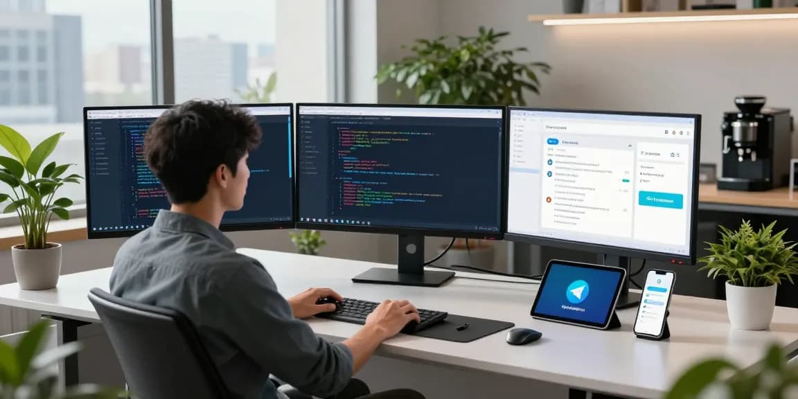 Developer using telegram官网 in a modern office workspace with multiple monitors and tech devices.