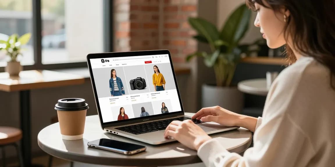 Shopper exploring high-quality 레플리카 fashion items on a laptop in an urban café.