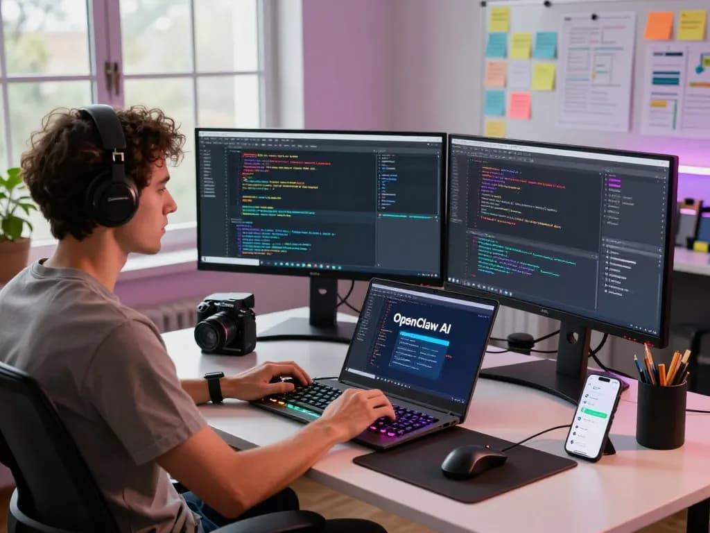 Developer using OpenClaw in a vibrant software workspace with multiple screens and tech gadgets.