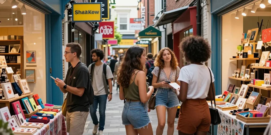 Friends enjoying shopping experience at https://forumup.org/shop/search.php?ca_id=&addr1=&addr2=&addr3=&schKeyword, with colorful storefronts and vibrant atmosphere.