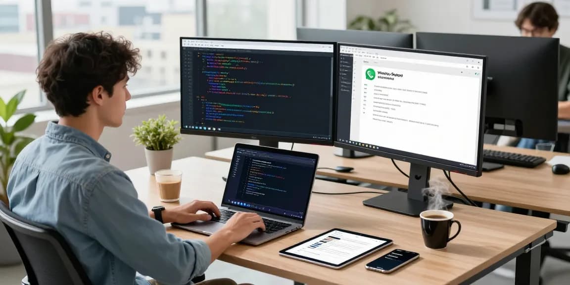 Engaging tech workspace with WhatsApp電腦版 displayed on dual monitors, emphasizing modern productivity.