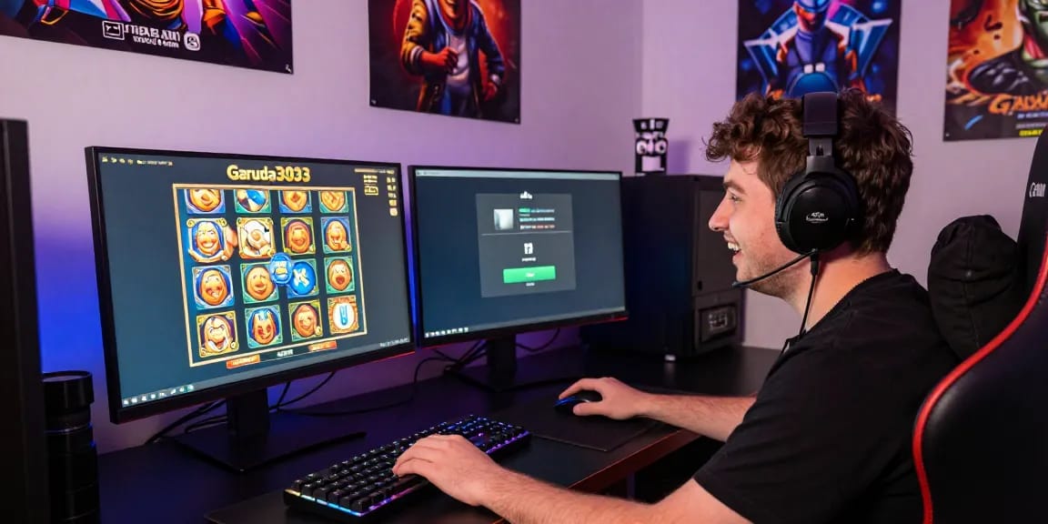 Garuda303 slot gaming scene with player enjoying online slots on modern setup, highlighting vibrant graphics and joyful expression.