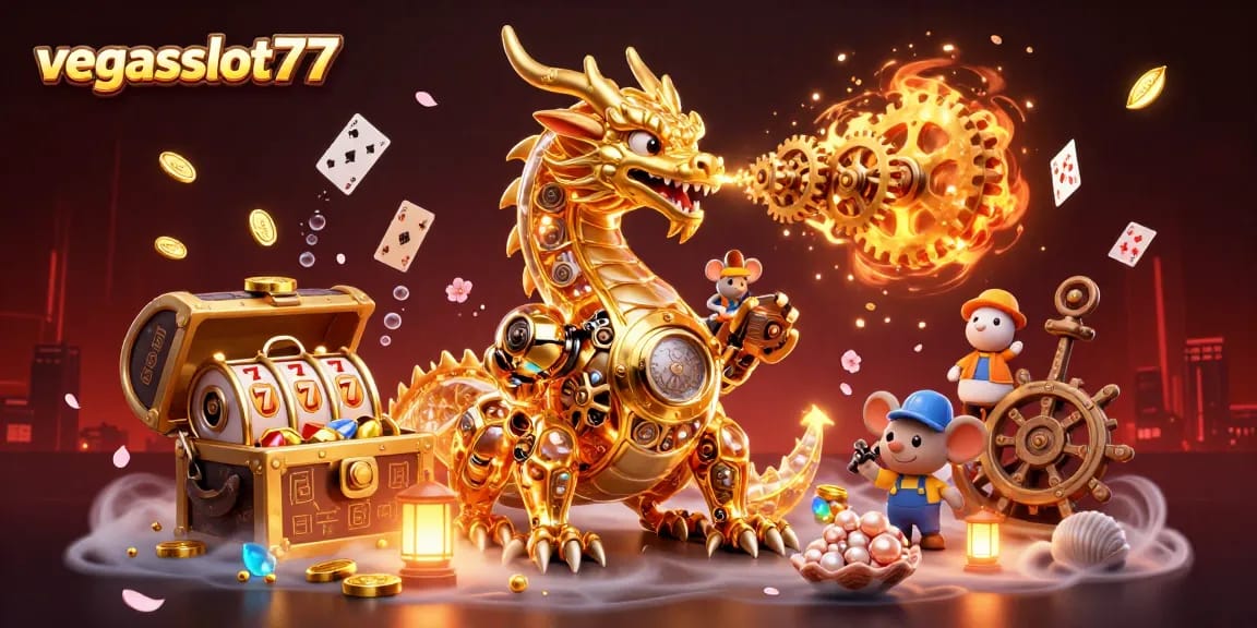 Experience the excitement of vegasslot77 with a cartoon dragon unleashing golden winnings and captivating gaming symbols.
