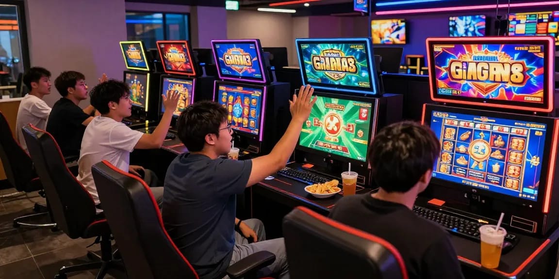 Players enjoying the garuda303 slot game in a vibrant gaming lounge with LED screens.