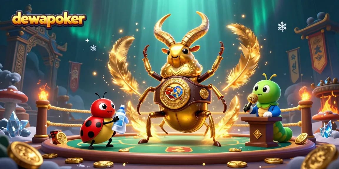 Dewapoker tournament showdown with a giant stag beetle, ladybug corner-man, and caterpillar announcer in a vibrant poker arena