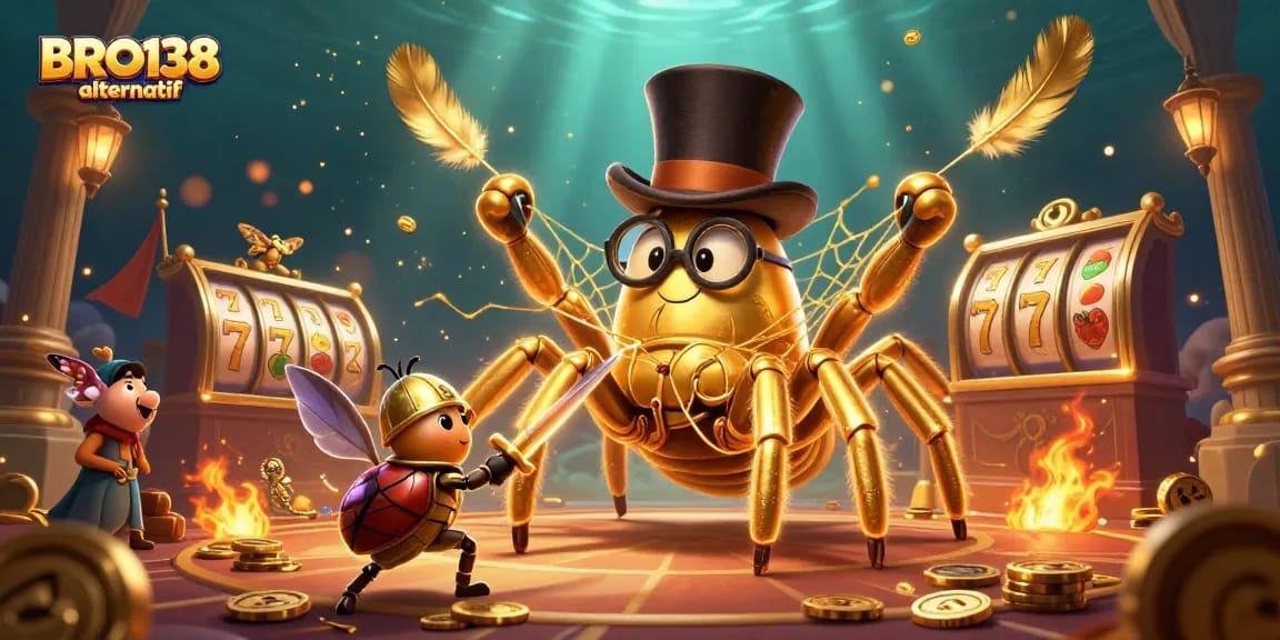 Spin and win at BRO138 alternatif with a vibrant casino battle scene featuring a golden tarantula and brave beetle knight.