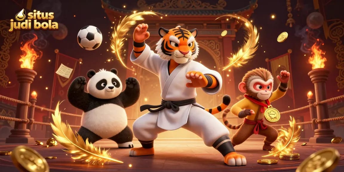 Situs judi bola features a dynamic scene with a kung fu tiger master and panda disciple amidst sports betting elements.
