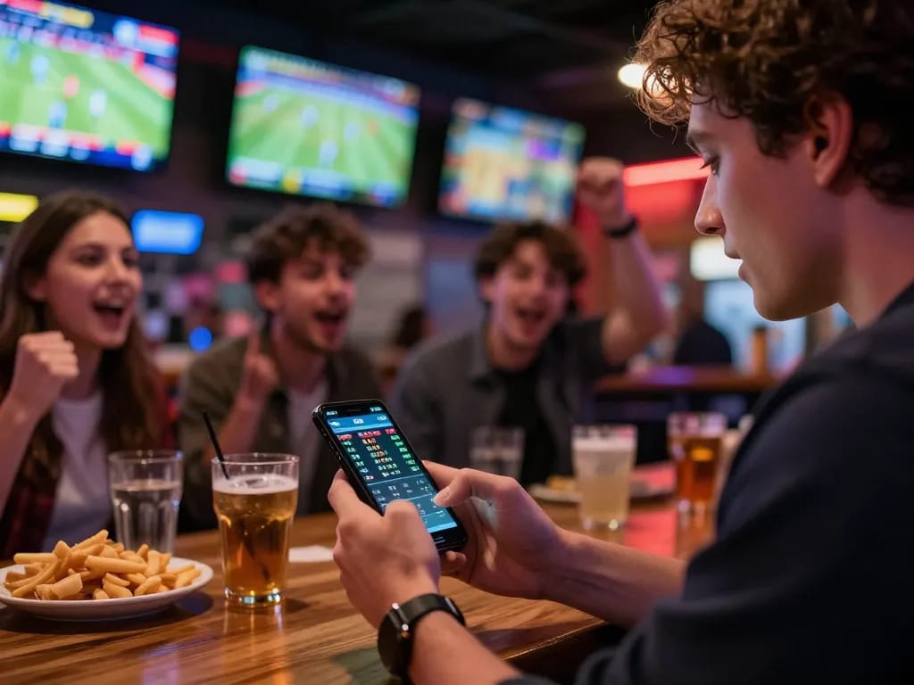Engaging sports betting environment showcasing Link Alternatif on smartphone with friends cheering in background