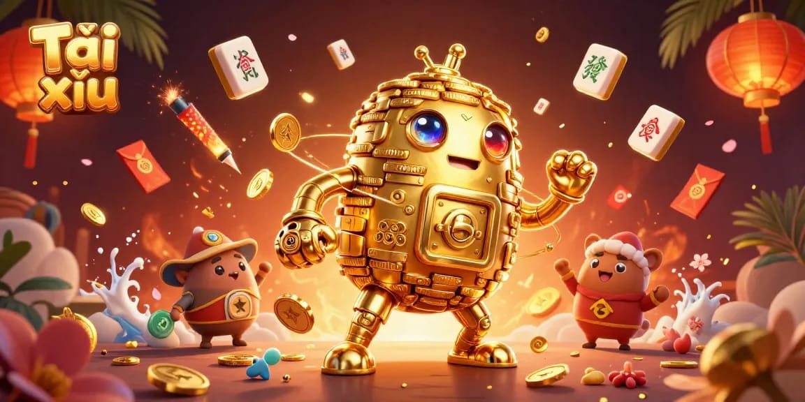 Experience winning with Tài xỉu in this dynamic 3D casino illustration featuring animated golems and gold.