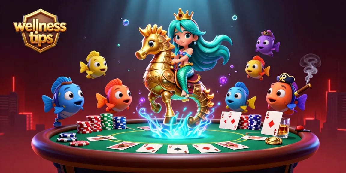 Experience exciting wellness tips as the mermaid princess engages in a thrilling underwater poker game.