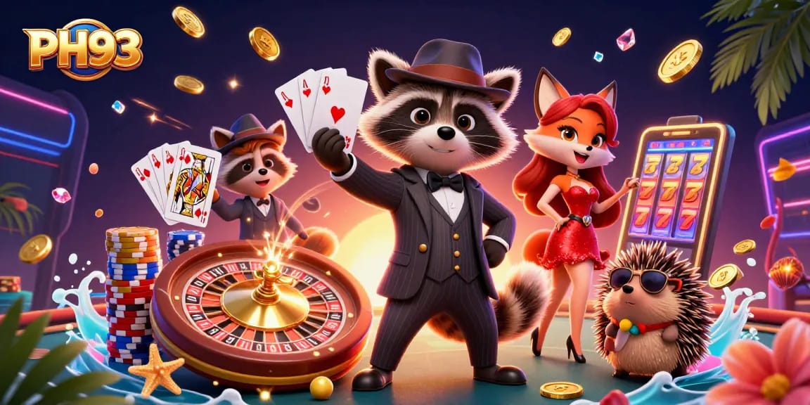 Experience thrills at PH33 with a suave raccoon, glamorous fox, and bouncer amidst casino excitement.