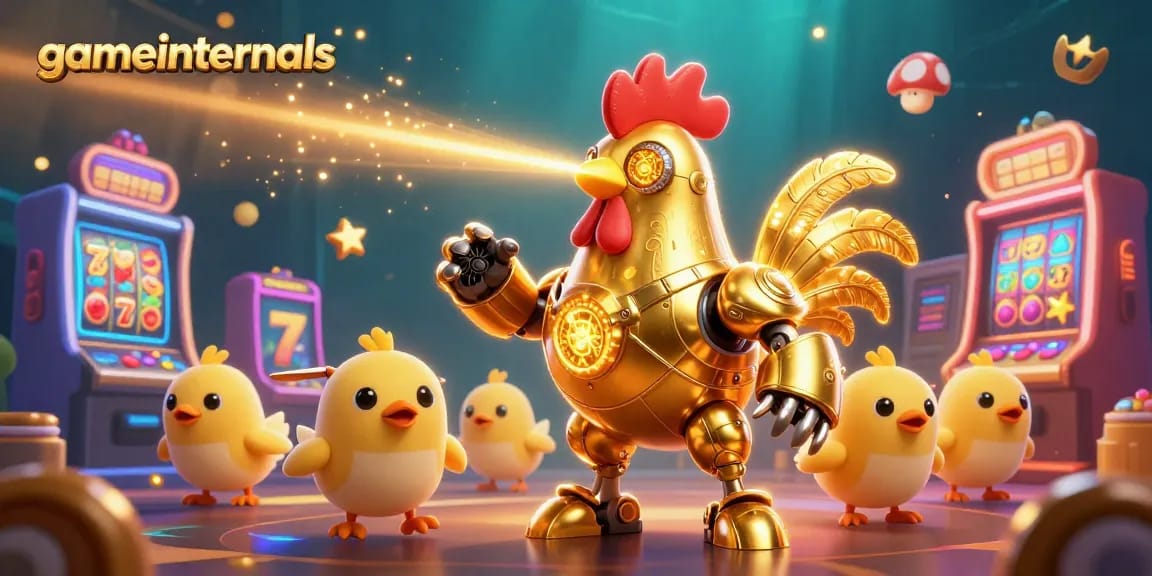 Engage with gameinternals through vibrant casino slot adventures featuring a golden rooster robot.