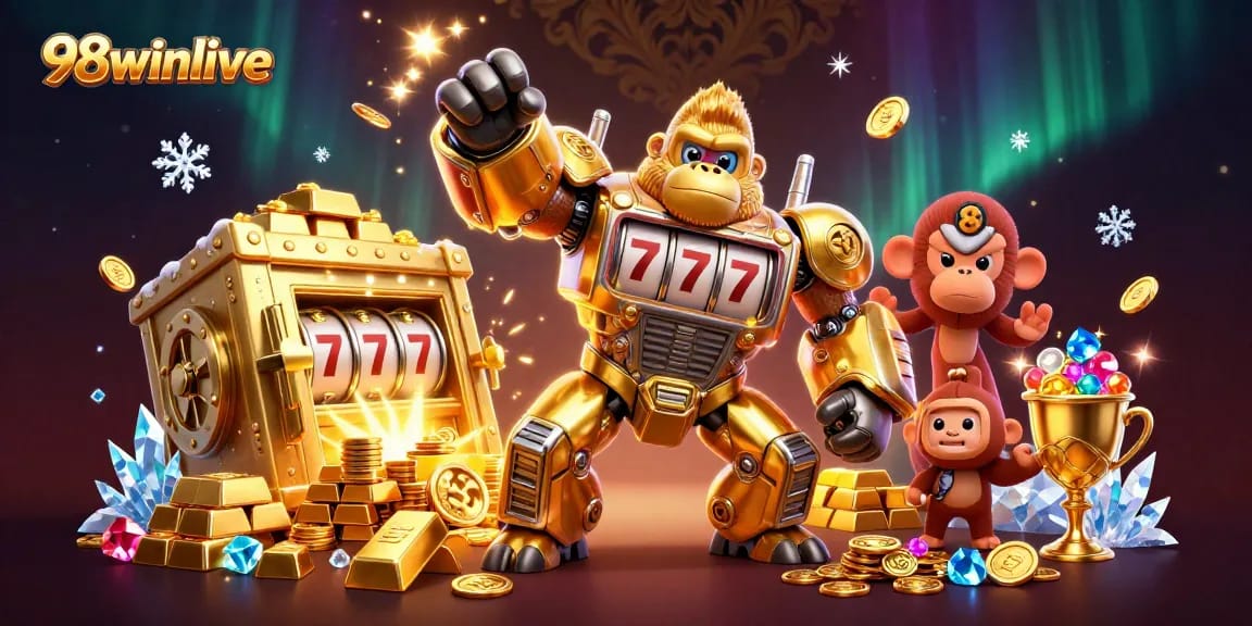 Experience thrilling wins at 98winlive with a 3D cartoon scene showcasing a gorilla mech and gold treasures.
