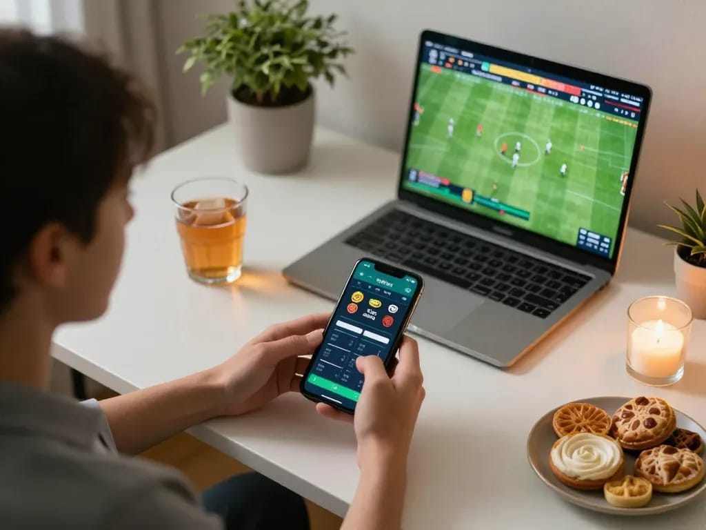 The person engaging in online betting is checking tỷ lệ kèo nhà cái while enjoying a cozy home setup.