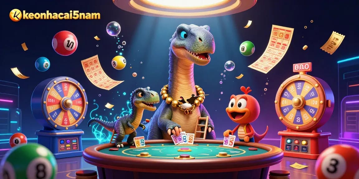 Engage with keonhacai5nam as a cartoon brontosaurus observes thrilling casino action below.