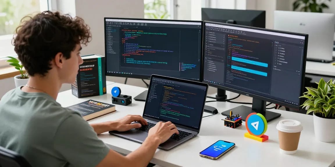 Developer coding on Telegram官网 APIs in a modern workspace filled with gadgets.