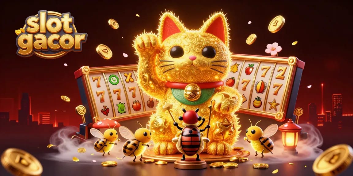 Engage in slot gacor with vibrant fireflies transforming into a lucky cat amidst thrilling casino symbols.