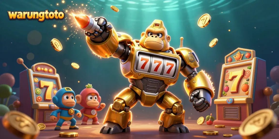 Spin to win at warungtoto with dynamic 3D elements including slot machines and golden gorillas.