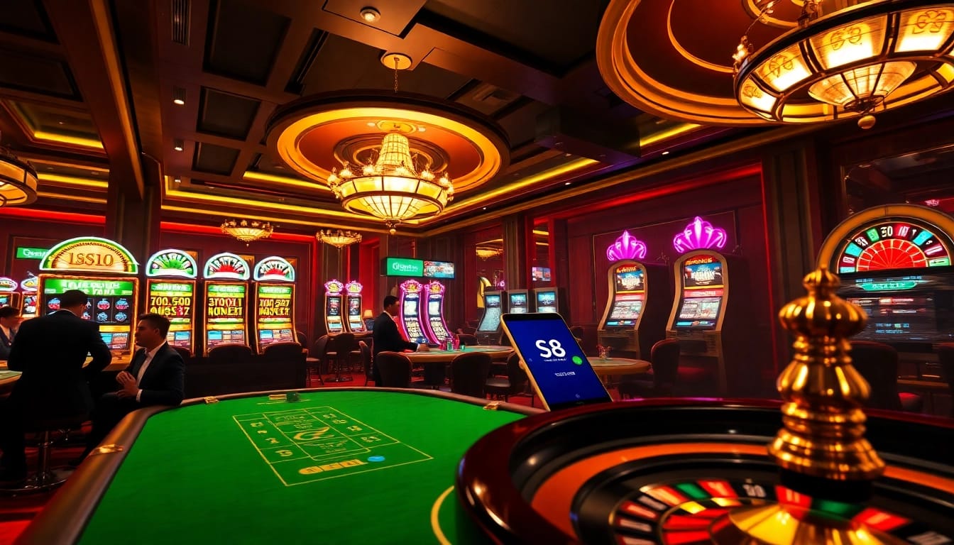 Engaging scene of online gambling with S8 branding, poker tables, and vibrant slot machines.