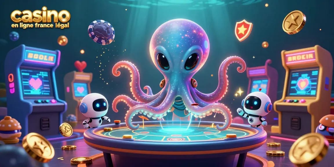 Jouez en toute légalité sur un casino en ligne France légal avec cette illustration dynamique d'un octopus et sa table holographique.