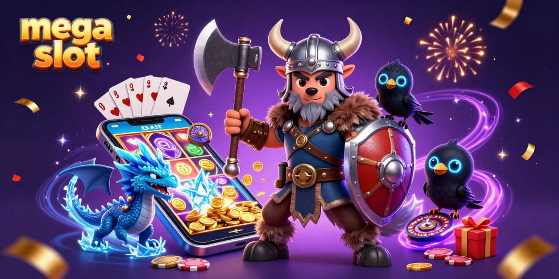 Memainkan mega slot dengan karakter Viking dan naga, dikelilingi elemen kasino yang meriah.