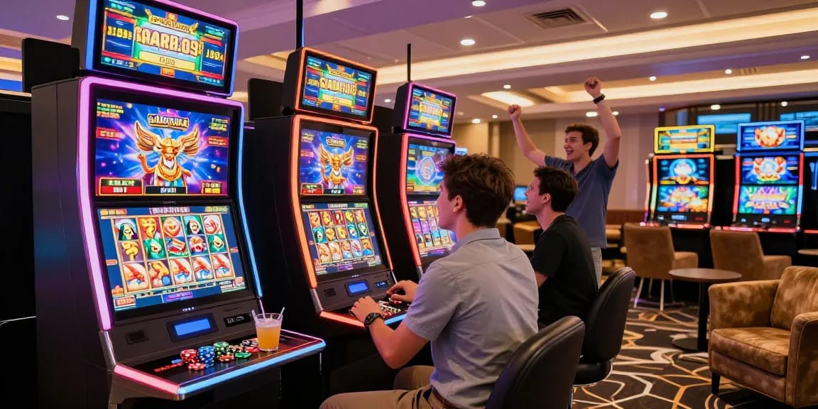 Exciting gaming lounge scene featuring garuda303 slot machine with vibrant graphics and dynamic atmosphere.