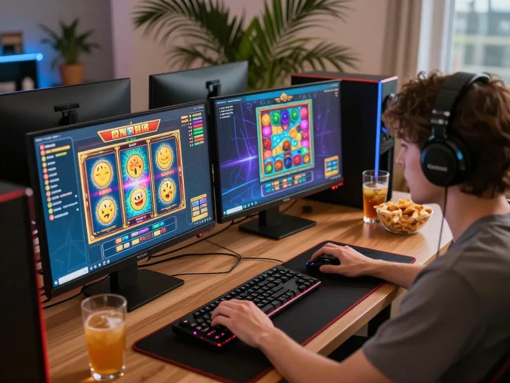 Player enjoys engaging slot games on rikvip in a cozy home setup, showcasing gaming excitement.