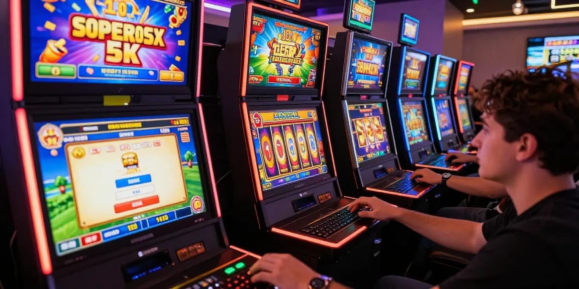 Exciting slot depo 5k gaming action with vibrant slot machines and engaging players in a modern gaming environment.