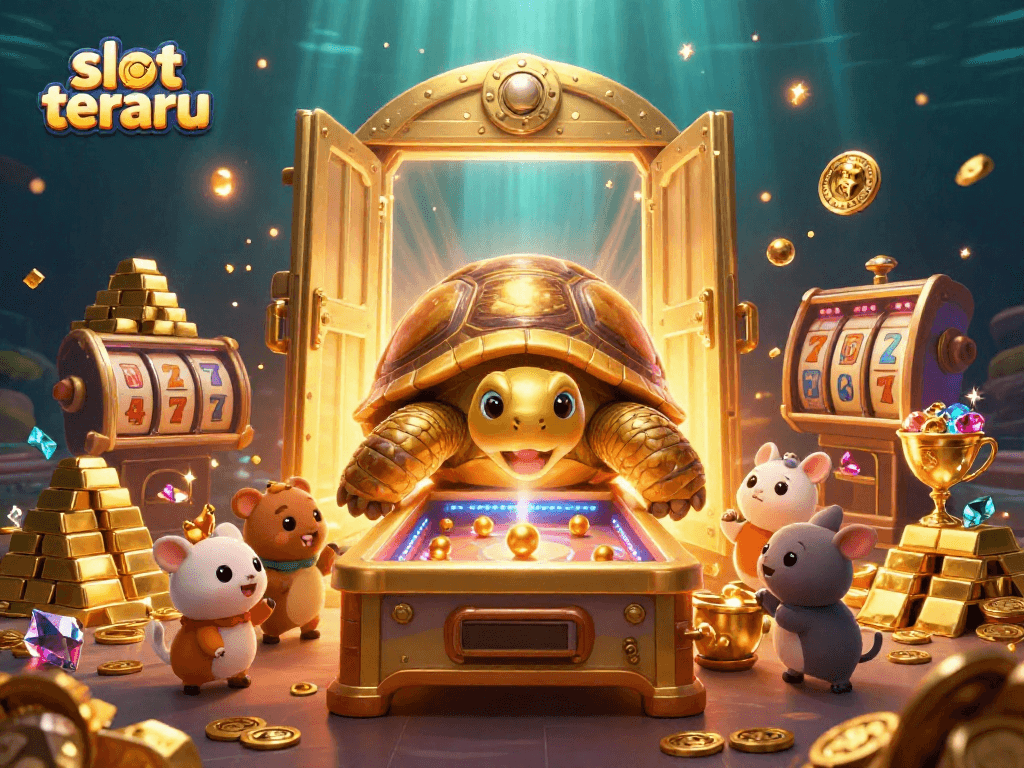 Engage with slot terbaru excitement as the colossal tortoise pinball machine glows in a rich casino scene.