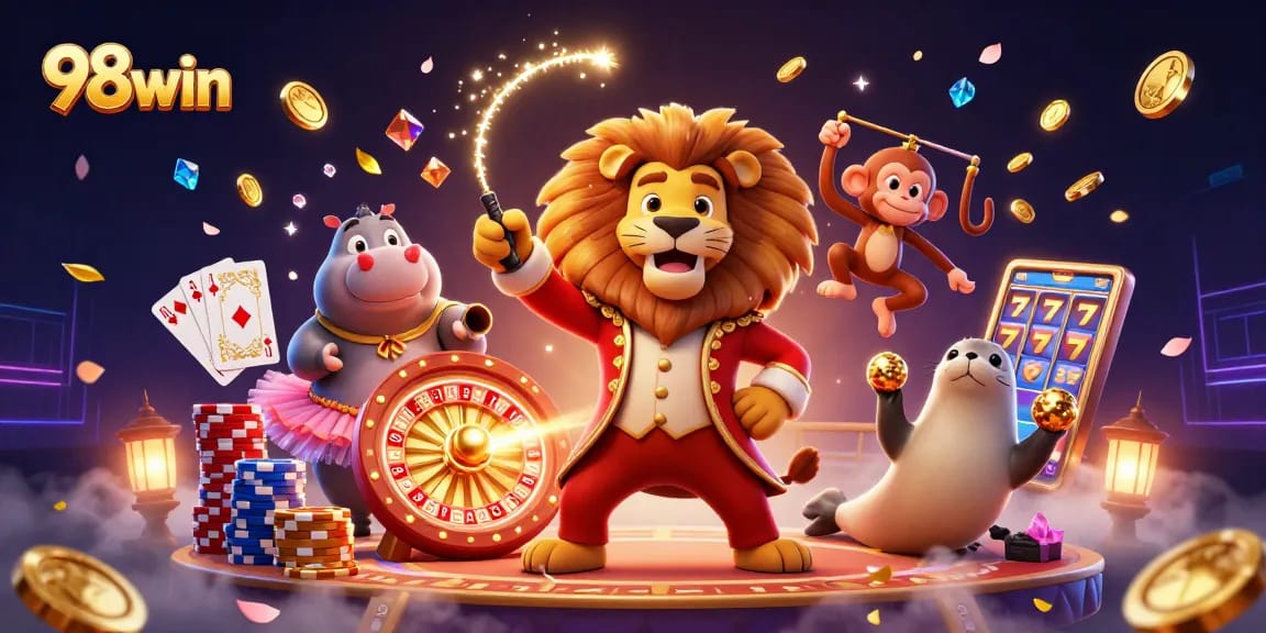 Experience thrilling wins at 98win with vibrant casino characters amidst cascading winnings.