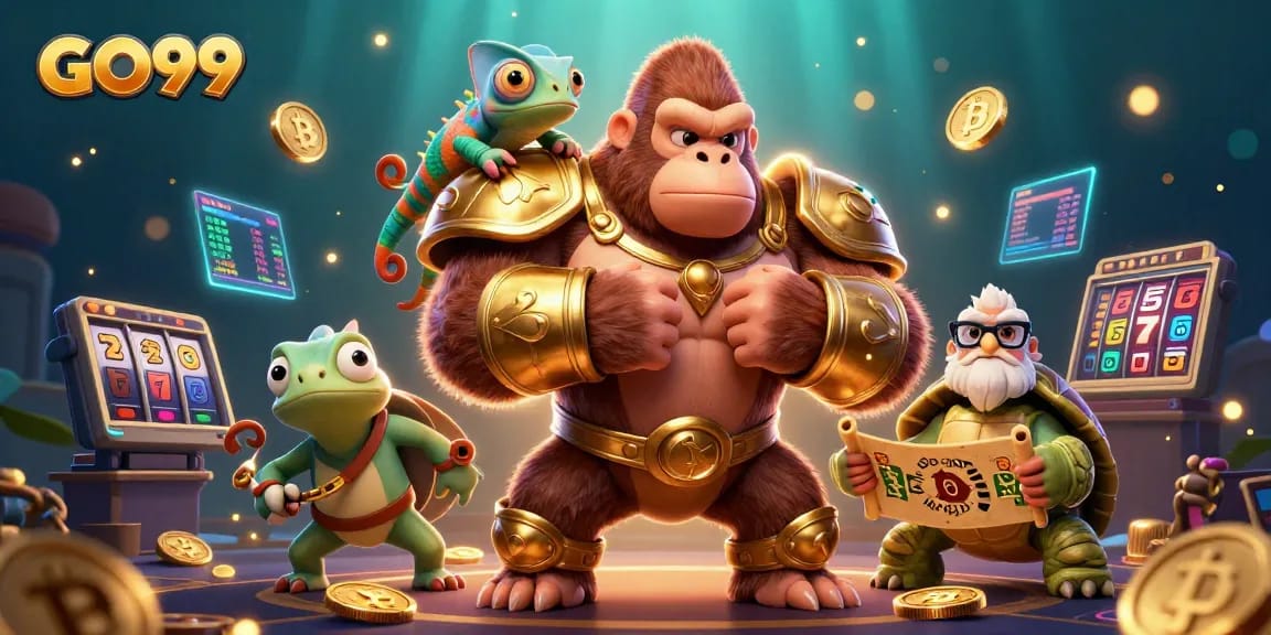 Engage in thrilling adventures with GO99's vibrant illustrated gambling scene featuring a powerful gorilla king and unique game elements.