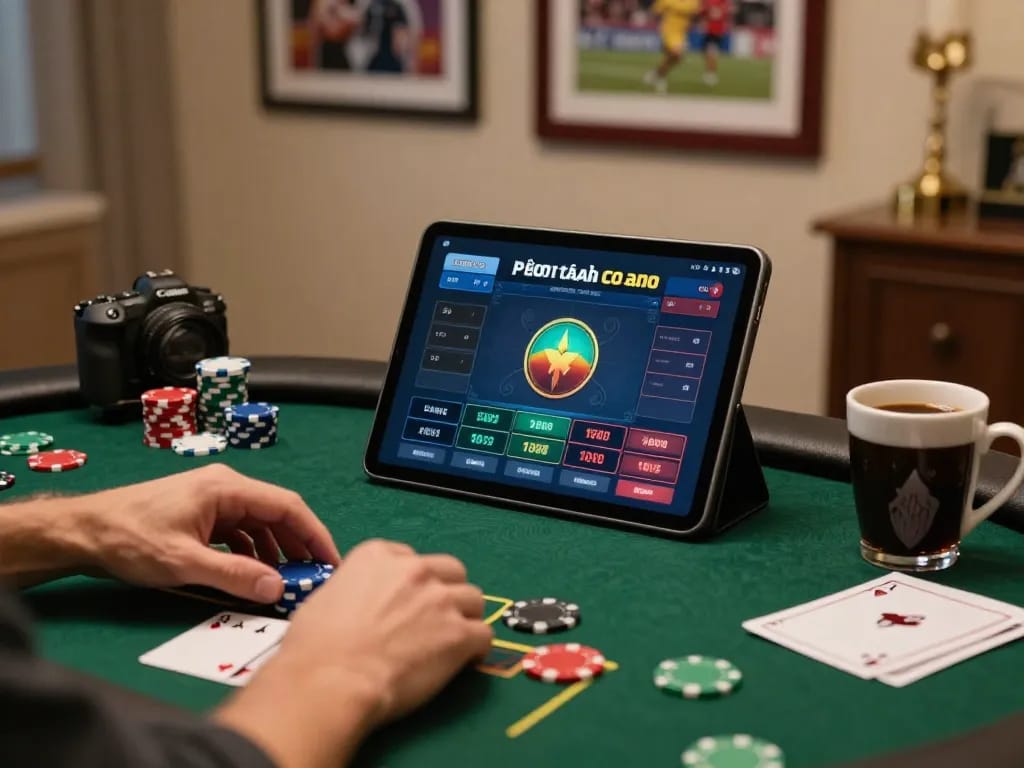 Player engaging with kèo nhà cái betting interface on tablet, colorful poker chips in focus, cozy game room.