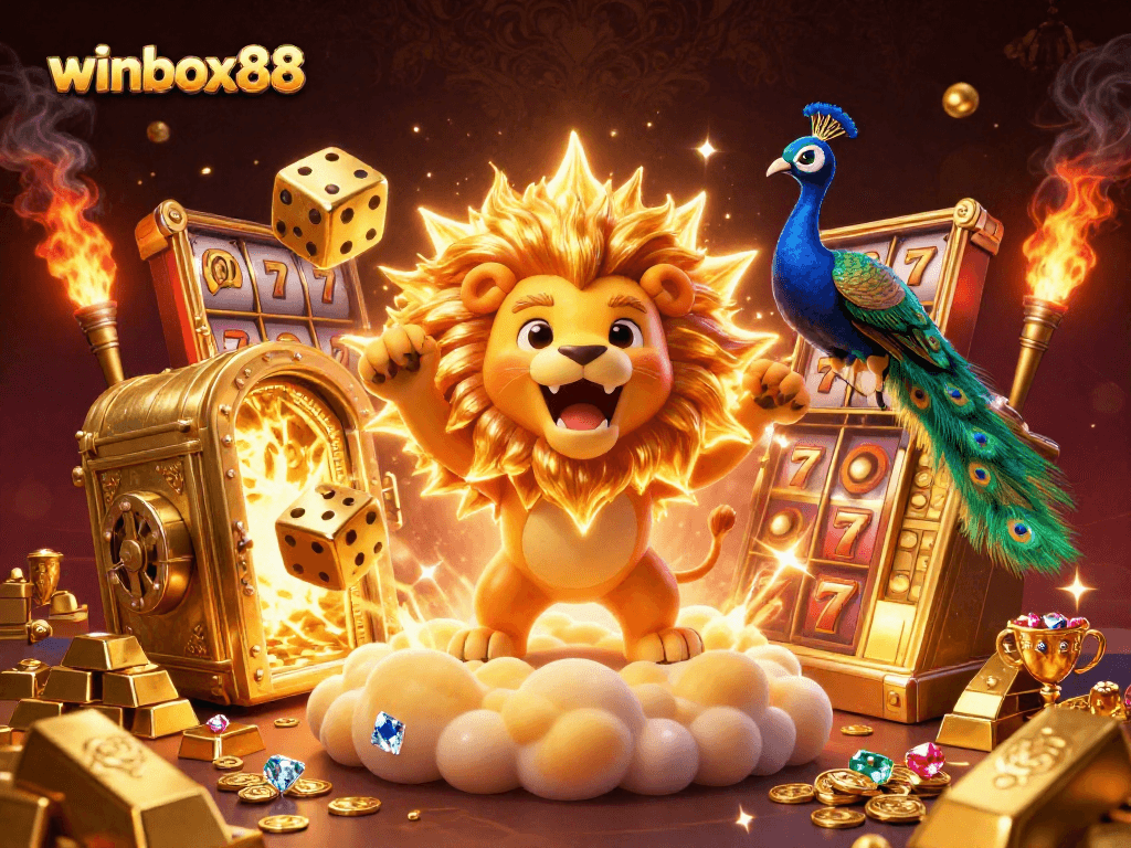 Experience the thrill of winbox88 with this vibrant 3D illustration showcasing a sun lion and golden casino elements.