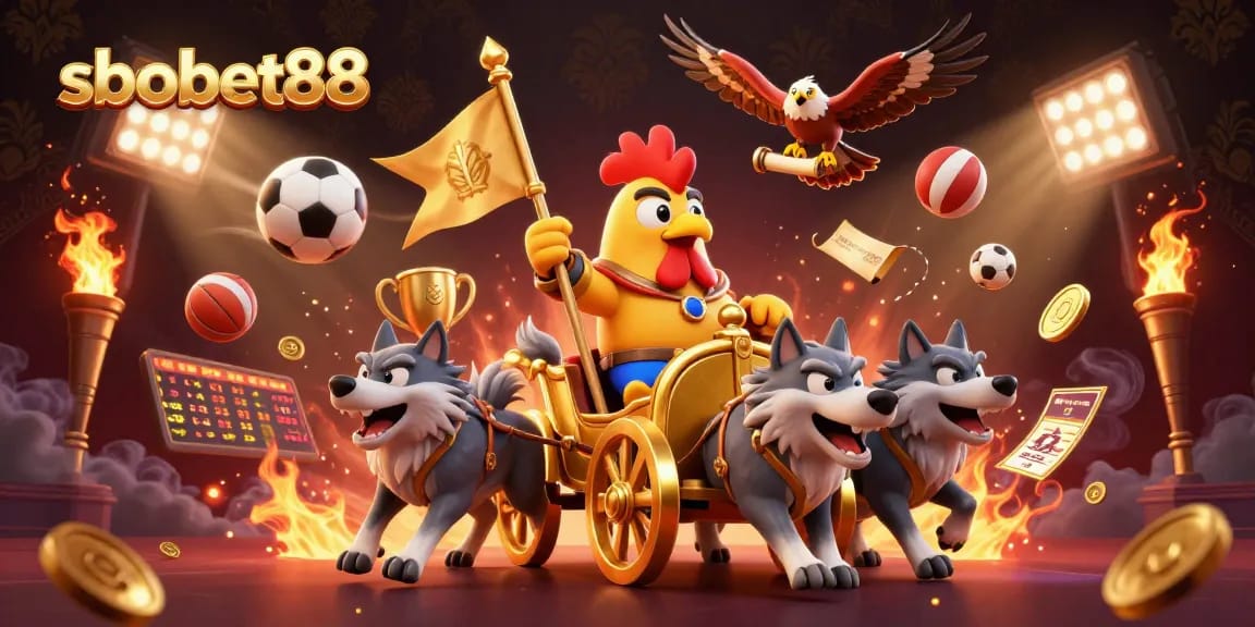 Sbobet88 features a vibrant scene with a rooster warlord and sports elements celebrating online betting.