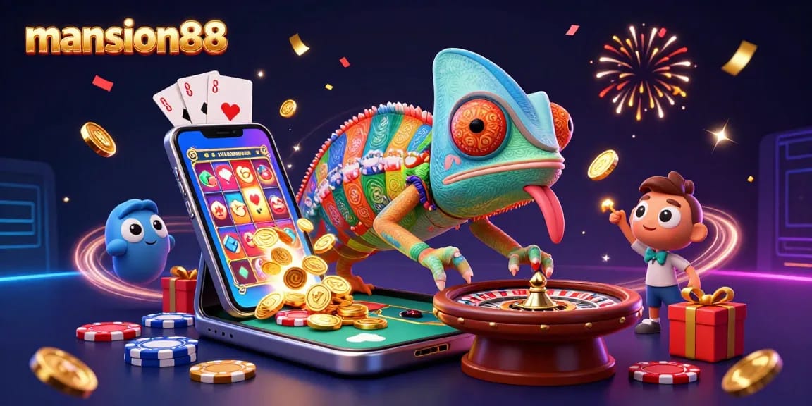 Experience excitement at mansion88 with a vibrant 3D illustration showcasing fun casino elements and games.