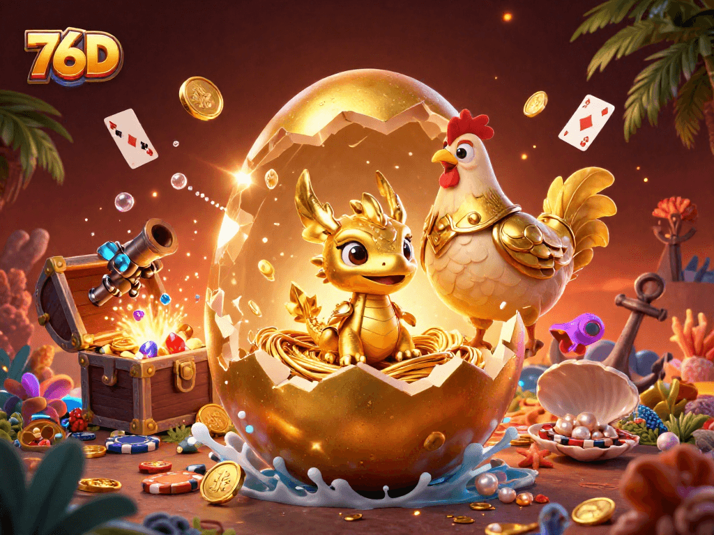 Ganhe prêmios com 76D em uma cena vibrante de cassino com dragões e fichas de poker!