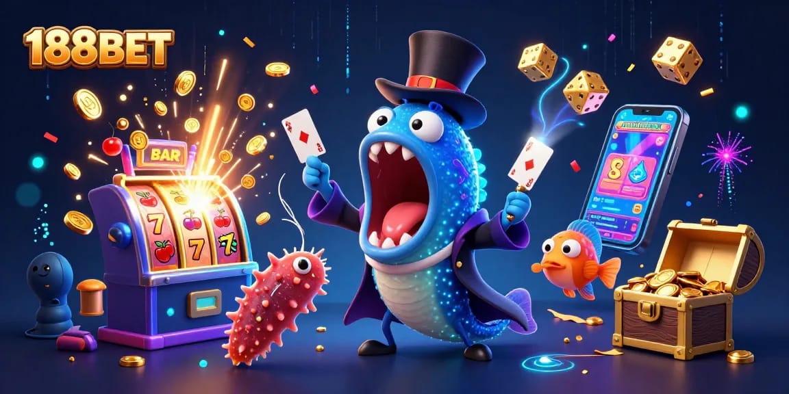 Experience thrilling wins with 188BET in a vibrant casino scene featuring fun characters and exciting game elements.