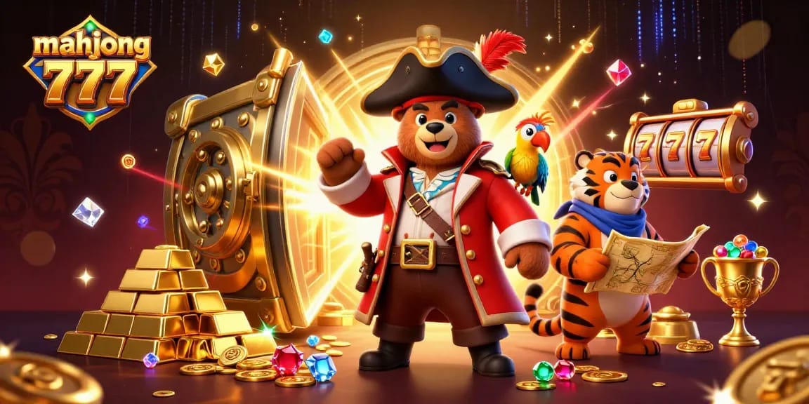 Play mahjong 777 with excitement as a bear captain and tiger first mate find treasures in a vibrant casino.