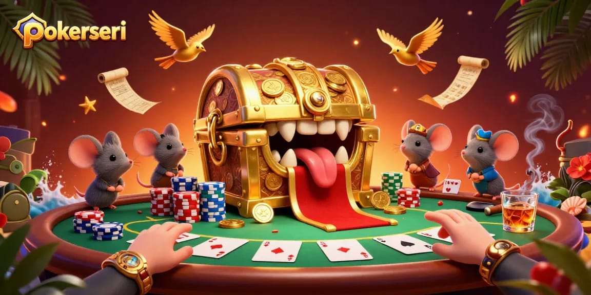 Engage with pokerseri's thrilling poker scene featuring cartoon character treasures and vibrant game elements.