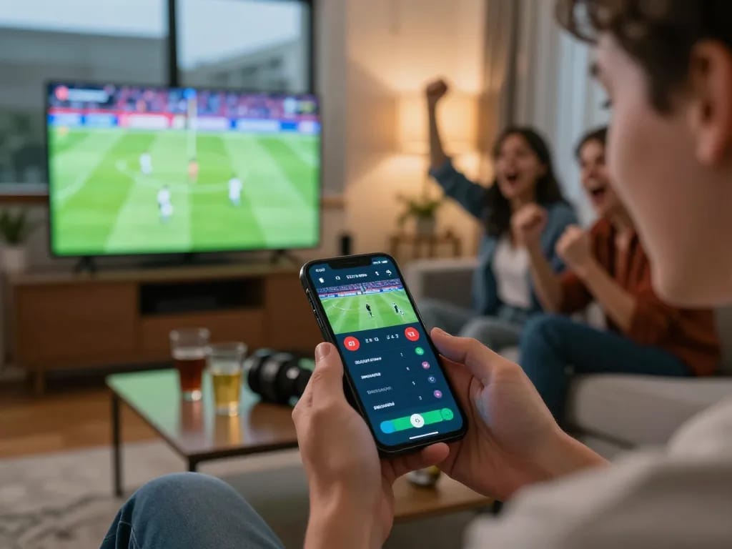Person using smartphone to place a bet at Nhà Cái RR88 during live football match excitement.
