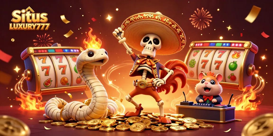 Situs LUXURY777 menampilkan skeleton mariachi menari di tumpukan koin emas, dengan elemen permainan slot yang meriah.