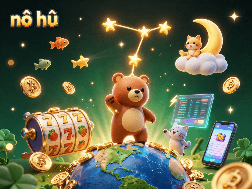 Nổ hũ jackpot scene with constellation bear gathering coins and slot elements in a glamorous 3D spectacle.