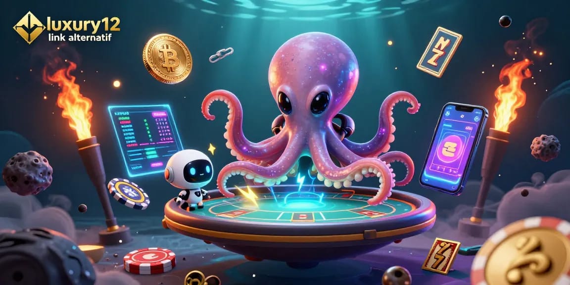 Experience the thrill of luxury12 link alternatif with a vibrant, interactive scene of an alien octopus in a crypto-themed casino.