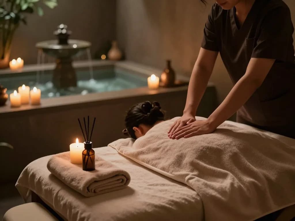 Massage therapy room set for a calming массаж experience with ambient lighting and relaxing elements.