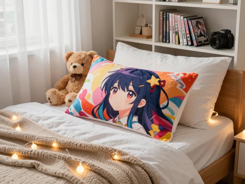 Custom dakimakura pillow featured on a cozy bed with anime character design, inviting bedroom ambiance.