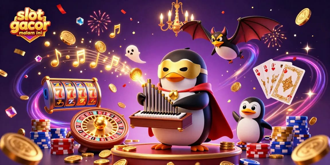 Engage in slot gacor malam ini thrills with a vibrant 3D casino scene showcasing action-packed games and charming characters.