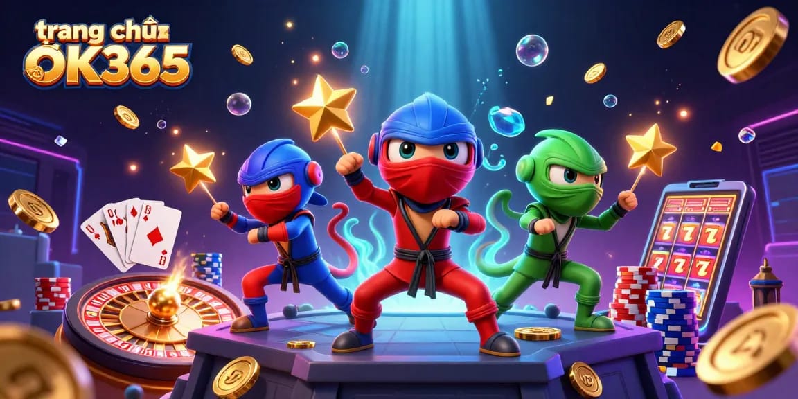 Experience excitement at trang chủ OK365 with a vibrant 3D illustration of chameleon ninjas and casino elements.