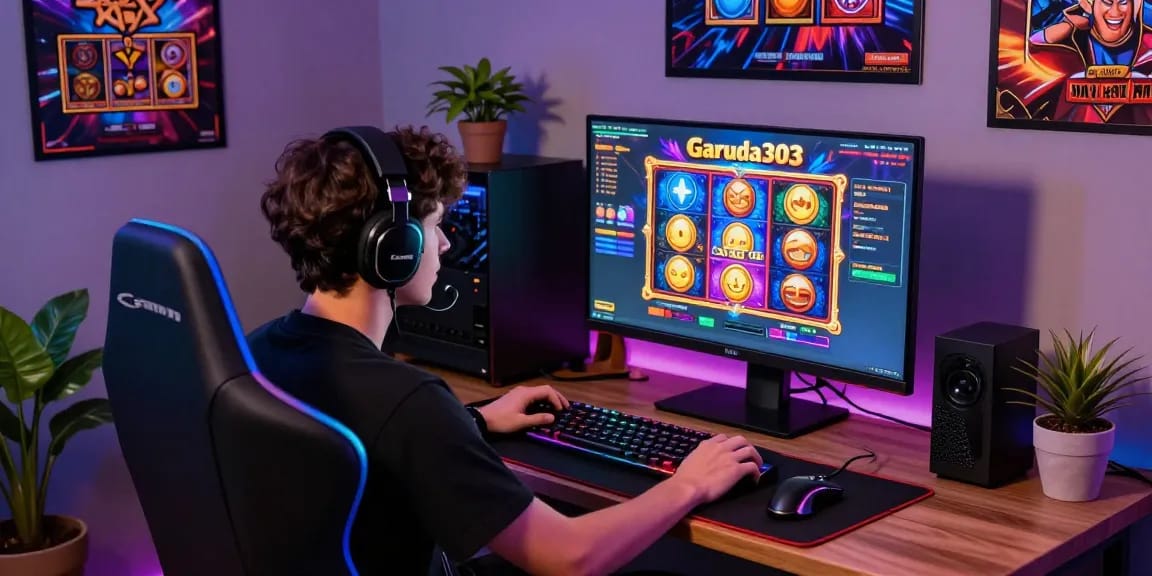 Player enjoying garuda303 slot games in a vibrant gaming setup