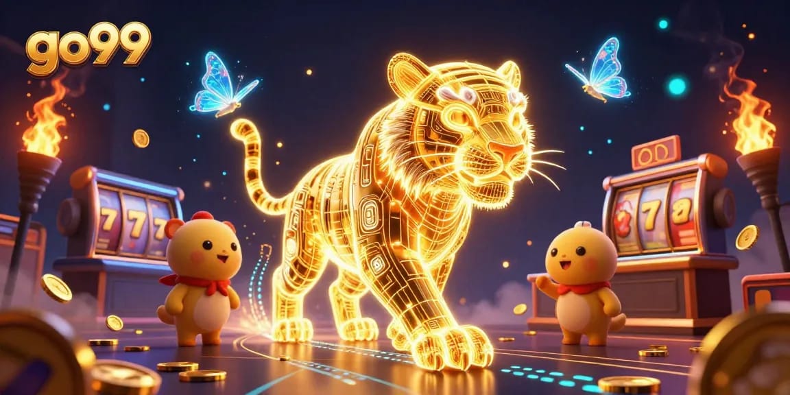 Engage with slot games at the go99 casino featuring golden tiger energy amidst vibrant digital landscapes.